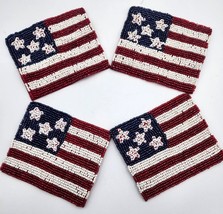 4 American Flag Beaded Coasters Patriotic Americana Red White Blue Stars Stripes - £19.95 GBP