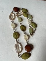 Long Goldtone Chain w Chunky Green White Crackle &amp; Rust Plastic Bead Necklace – - £8.89 GBP