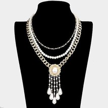 Cream Gold Pendant Link Necklace Chain Triple Layered Pearl Beaded Statement - $41.58