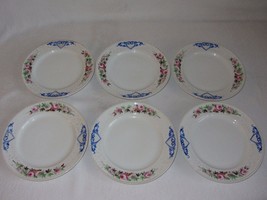 Set of 6 Ceramic Salad Dessert Plates Vtg White Hand Painted Floral Blue Heart - £19.41 GBP