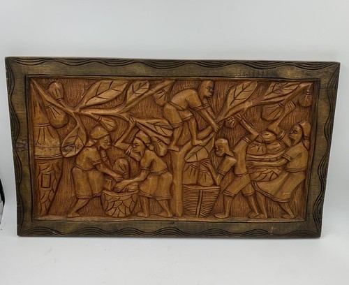 24”x14” Wooden Hand Carved Tribal Picture African Theme Crack RARE AND E... - $25.88