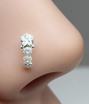 Vertical Ethnic Solid Sterling Silver White CZ Studded Corkscrew nose ring 22g - £8.50 GBP