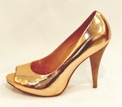 BCBG Maxazria Peep Toe Pumps Rose Gold Metallic Leather Heels Shoes size 7.5 - £24.69 GBP