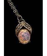 Vintage Foil Opal Pendant Gold Tone Chain Necklace 15&quot; Dainty Filigree Pink - €18,44 EUR