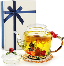 Mothers Day Gifts for Mom Her Women, 10 Oz Floral Glass Teapot with Rose Flower  - £19.72 GBP