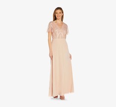 Adrianna Papell V-Neck Hand-Beaded Bodice Chiffon Gown Blush Size 14 $279 - £141.26 GBP