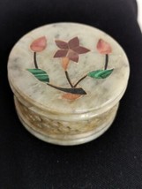 Detailed work Alabaster Trinket Box With Inlaid Stone Flower 2&quot;X1 1/4  - £10.27 GBP