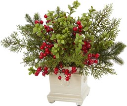 Holiday Berry And Pine Artificial Arrangement, Green, Nearly Natural 4194. - £33.65 GBP