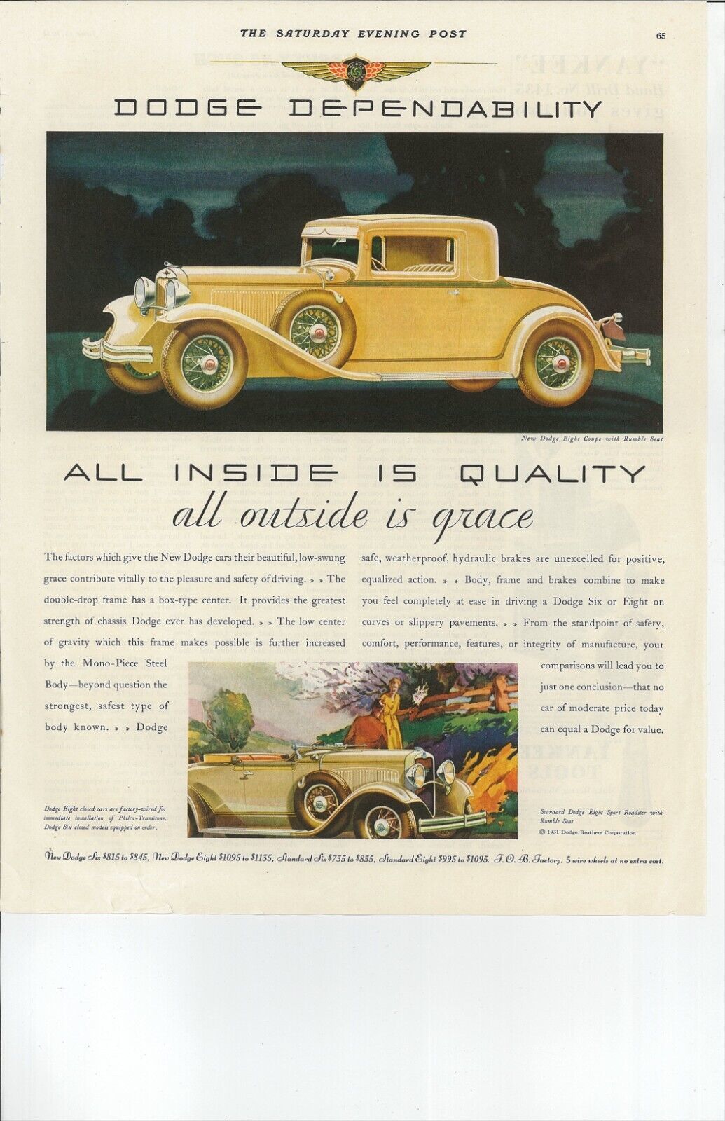 1931 Print Ad Dodge Cars- Dodge Eight Coupe, Dodge Eight Sport Roadster, Logo - £10.79 GBP
