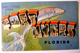 Greetings From Fort Myers Florida Large Letter Linen Postcard Tichnor Big Fish - £13.40 GBP