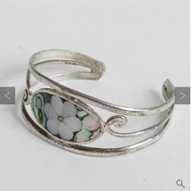Mexican Silver Cuff Bracelet Flower Floral Abalone Shell Mother of Pearl... - £175.99 GBP