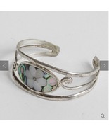 Mexican Silver Cuff Bracelet Flower Floral Abalone Shell Mother of Pearl... - £175.16 GBP
