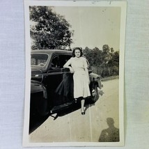 Vintage 1940&#39;s Photo Pretty Girl Woman Standing Beside Old Car B&amp;W 3 3/8 x 4 7/8 - £11.12 GBP