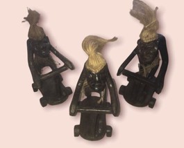 Indonesia Hand Carved Vintage Tribal Men On Scooters Wood Figures Set Of 3 - £54.88 GBP