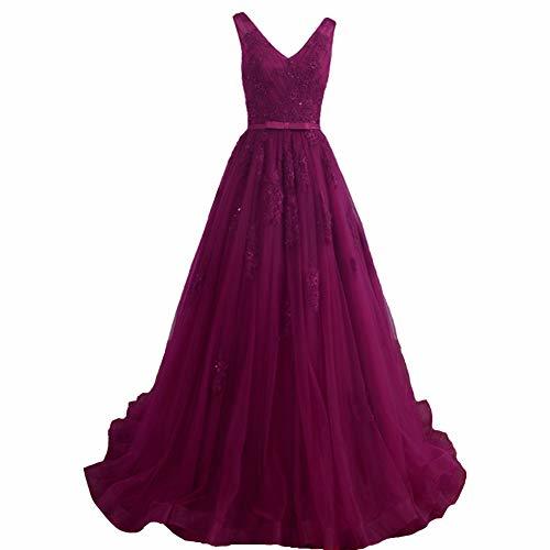 Plus Size Tulle V Neck Beaded Lace Appliques Evening Prom Dresses Purple US 20W