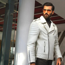 Real Lambskin Leather Handmade New Motorcycle Biker Stylish White Men&#39;s Jacket - £86.46 GBP+