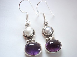Cultured Pearl and Amethyst Ovals 925 Sterling Silver Dangle Earrings - £13.51 GBP