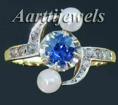 Victorian 0.30ct Rose Cut Diamond Blue Sapphire Pearl Ring Halloween - £364.77 GBP