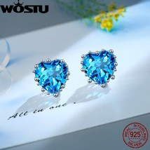 WOSTU Real 925 Silver Ocean Blue Heart Stud Earrings For Women AAA Zircon Ear St - £16.50 GBP