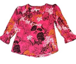 Chicos Shirt Womens Sz 0 (S) Floral Ruffle Cuff Tee 3/4 Sleeve Scoop Neck Linen  - £17.22 GBP