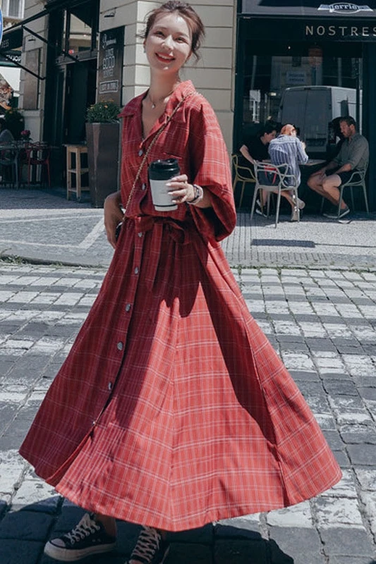 Fashion &#39;S Autumn Coat Long Trench Coat Red Plaid Single Breasted Chic  ... - £231.28 GBP
