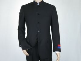 Men Apollo King Banded Collarless suit Mandarin 5 Button Wide leg M5-1 Black image 3