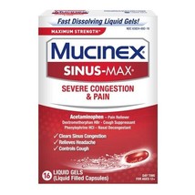 Mucinex Sinus-Max Maximum Strength Severe Congestion &amp; Pain 16 gels Exp ... - £9.28 GBP