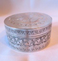 Vtg Metal silver tin canister trinket, snuff, dresser box Dove top hallm... - $45.00