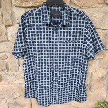 Short Sleeve Navy Blue &amp; White Square Accented Full Button Front Shirt S... - $472.74 MXN
