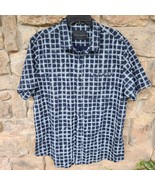 Short Sleeve Navy Blue &amp; White Square Accented Full Button Front Shirt S... - €21,71 EUR