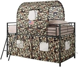 Coaster Furniture Kids Twin Size Loft Bed Camouflage Tent Metal Frame Guardrails - £305.34 GBP