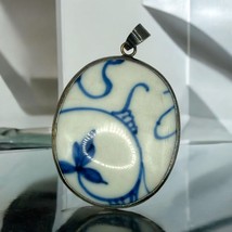 Vintage Ming Porcelain Chinese Sterling Silver Stamped 925 Necklace Pend... - £35.17 GBP