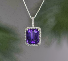 3.25Ct Emerald Cut Lab Created Amethyst Pendant 14K White Gold Plated &quot;18&#39;&#39; - £101.56 GBP
