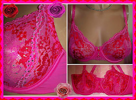 $52 34D Pink Red BLING Rhinestone Lace Nylon Victorias Secret Unlined Demi Bra - £23.97 GBP