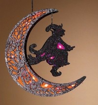 11.3&quot; Hanging B/O Color Changing Lighted Black Glittered Halloween Moon w/WITCH - £15.08 GBP