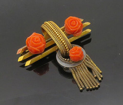 Authenticity Guarantee 
14K GOLD - Vintage Antique Rose Carved Coral Dan... - £1,989.41 GBP