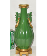 Vintage Green Hand Painted Vase 11&quot; Ribbed Vase Heavy Gilt Trim Ornate H... - £30.56 GBP