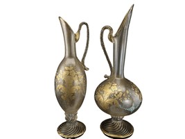 Vintage Murano Venetian Glass Ewers with gold flecks and hand painted flowers - £393.78 GBP