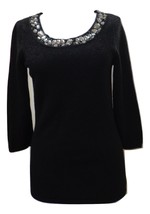 LORD &amp; TAYLOR  Black 100% Cashmere Beaded Round Neck 3/4 Length Sleeve Sweater   - £27.28 GBP