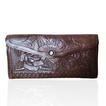 Vintage Mexican Hand-Tooled Genuine Leather Boho Brown Clutch Wallet - £27.99 GBP