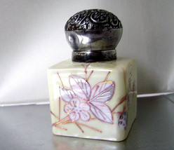 Victorian Porcelain Inkwell  Sterling Cap Gilded Hand Painted Flower 180... - $40.00