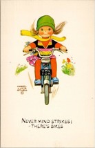 Artist Mabel Lucie Attwell Girl Motorcycle Nvmd Strike There&#39;s Bikes Postcard W8 - £15.67 GBP