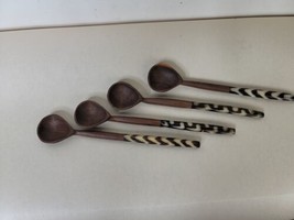 Set of 4 Carved Wood  Spoons with Painted Cow Bone Inset on Handle 5.5&quot; - $29.70