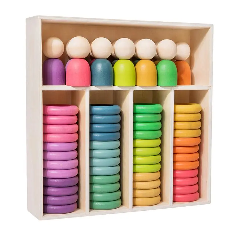 Wooden Color Sorting Stacking Rings Preschool Fine Motor Skill Peg Doll Toys - £48.32 GBP
