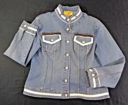 Vintage 1990s V Denim Jean Jacket w Leather &amp; Crystal Accents Women XLarge - £35.89 GBP