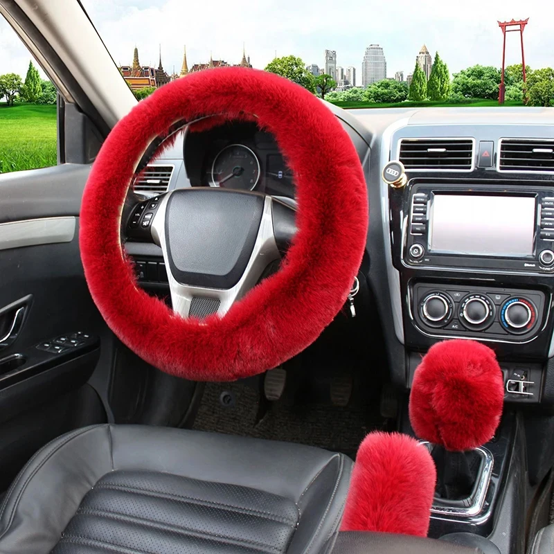 Bbit fur car steering wheel cover warm winter car handbrake shift cover three piece set thumb200