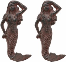Ebros 6&quot; Tall Cast Iron Rustic Wall Coat Hook Mermaids Accent Hooks Set of 2 - £15.97 GBP