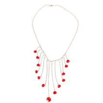 Silver Tone Red Acrylic Glass Beaded Dangle Bib Fashion Necklace - £7.77 GBP