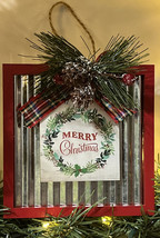 Wood &amp; Metal Merry Christmas Plaque Christmas Tree Ornament Decor 5.25&quot; - £4.30 GBP