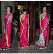 WOW Malaika Look, Rani Pink Satin Silk Saree, Contrast Neon Green Blouse, Zari L - £67.94 GBP
